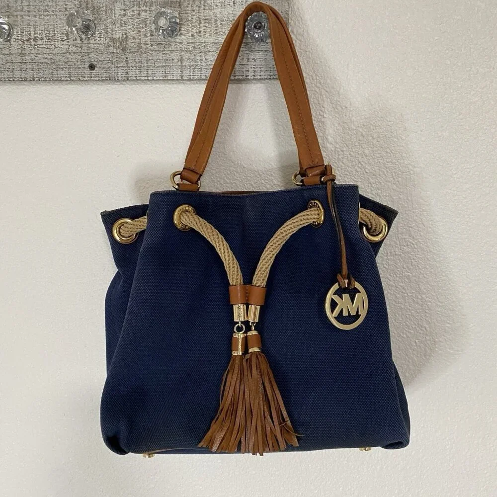 Michael Kors Marina Purse Navy Blue Canvas Brown Leather Tote Bag Bucket Bag
